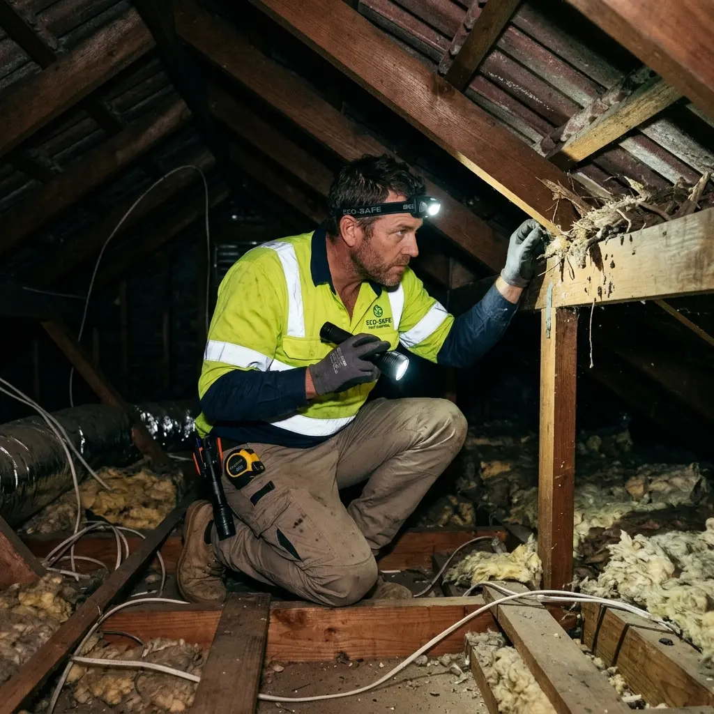 Technician inspecting a roof cavity for a dead animal in Staughton Vale