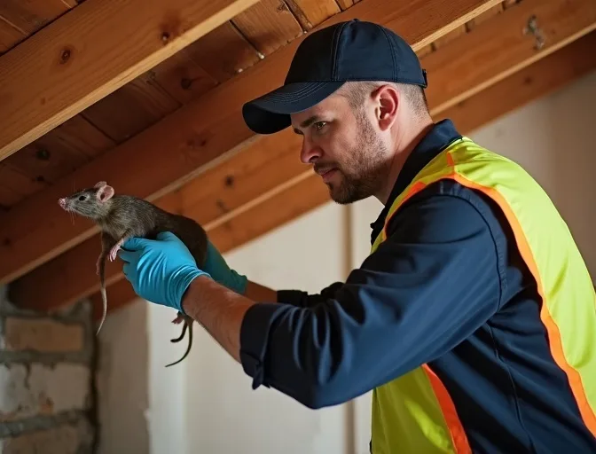 Technician inspecting a roof cavity for a dead rat in Staughton Vale